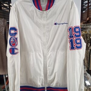 Champion White Jacket with Red and Blue Accents